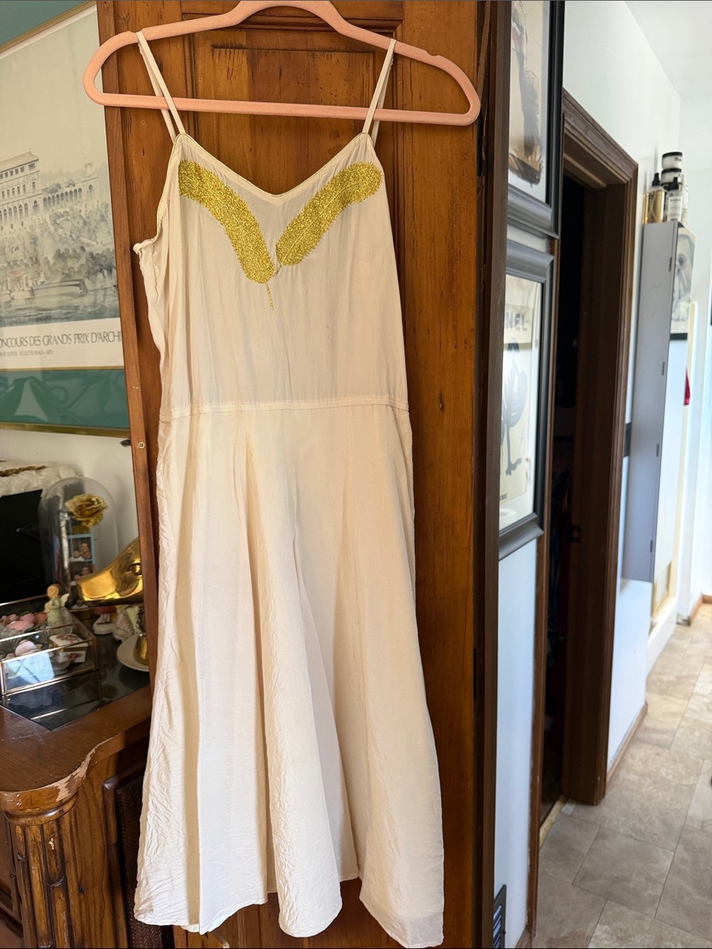 Beyond Vintage Silk Cream Spaghetti-Strap Midi Dress with Yellow Bead Accent